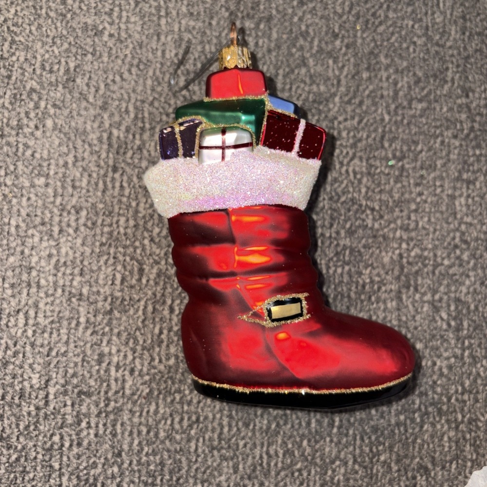 Christmas Ornament Glass Hand Blown Santa Boot Filled Gifts Glittered Red